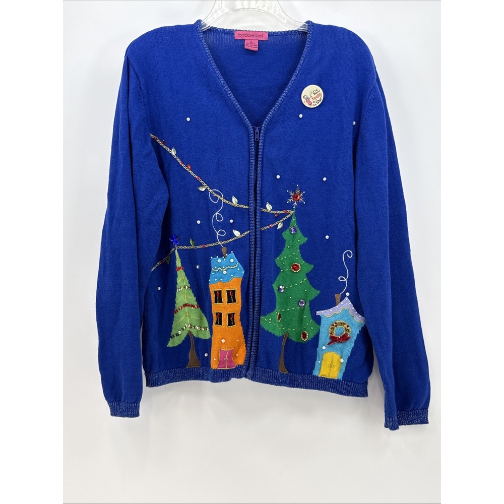 Bobbie Bell Blue w Multi-Color Christmas Sweater Size XL V-Neck Zip Embellished